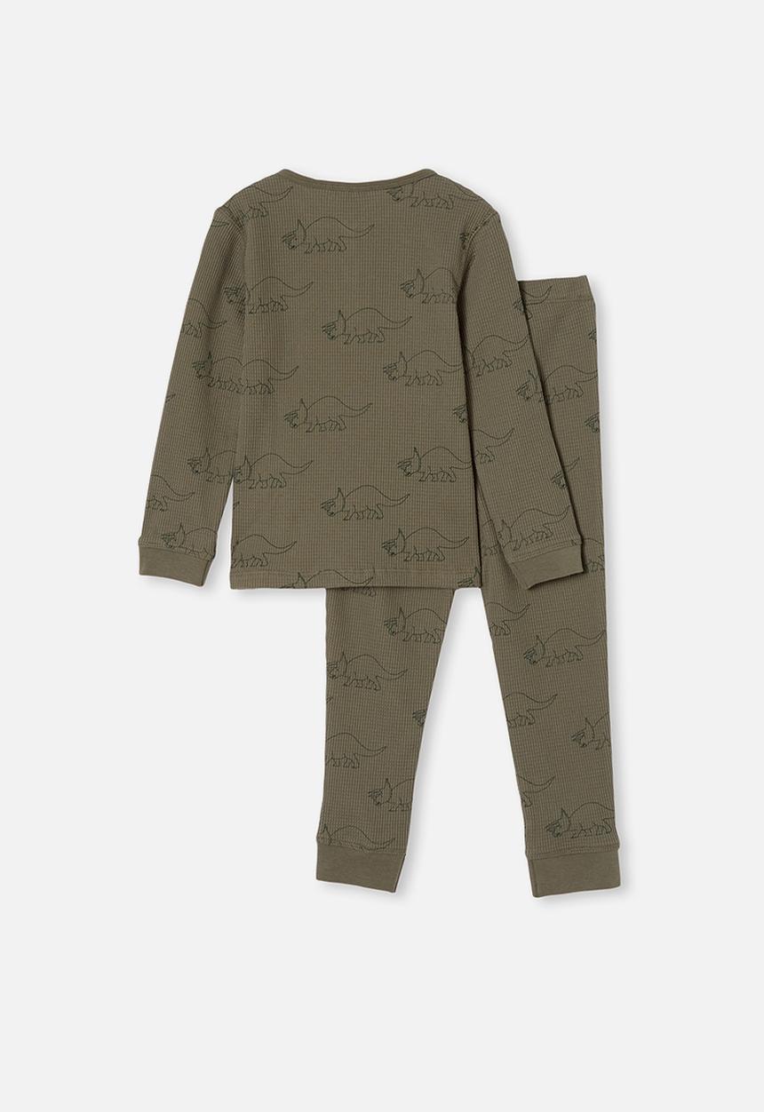 Cotton On - Ryan waffle long sleeve pyjama set - khaki green