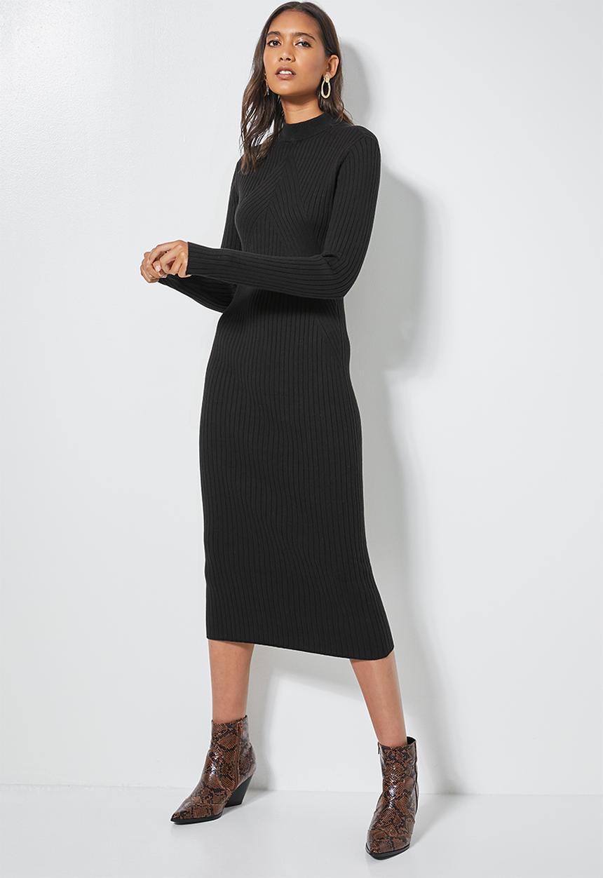 Superbalist - Organic cotton ribbed knitwear poloneck dress- black