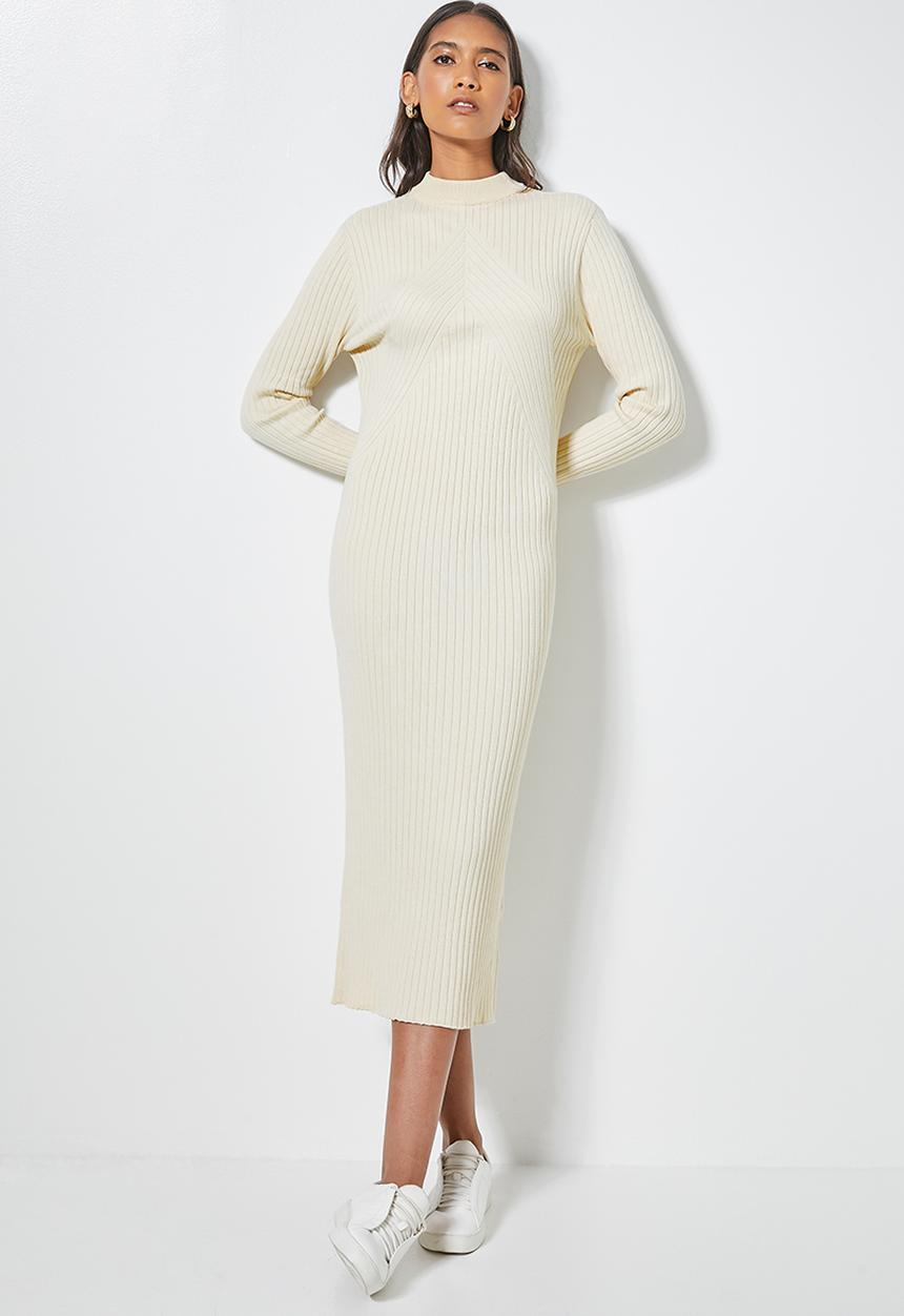Superbalist - Organic cotton ribbed knitwear poloneck dress - cream
