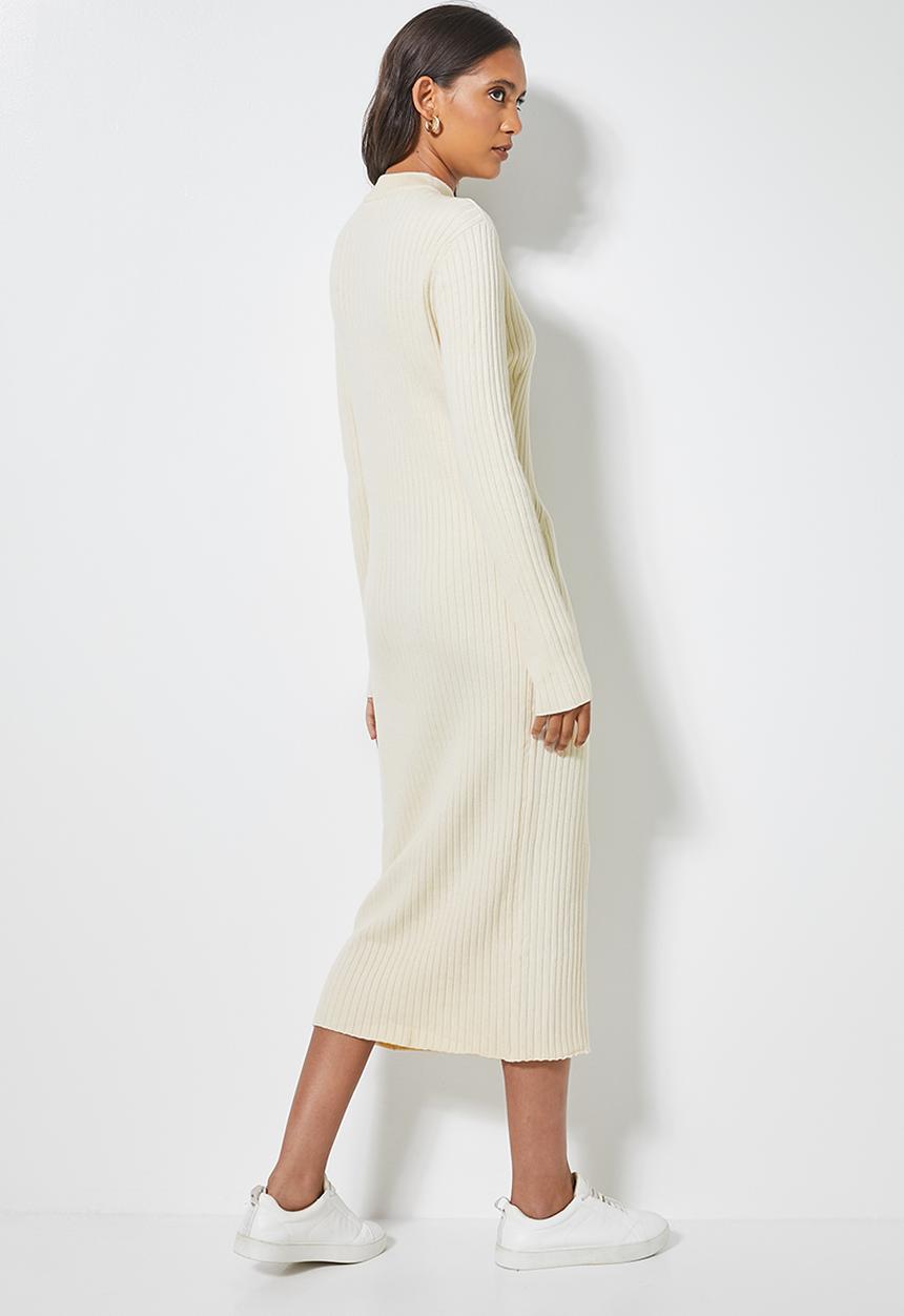 Superbalist - Organic cotton ribbed knitwear poloneck dress - cream