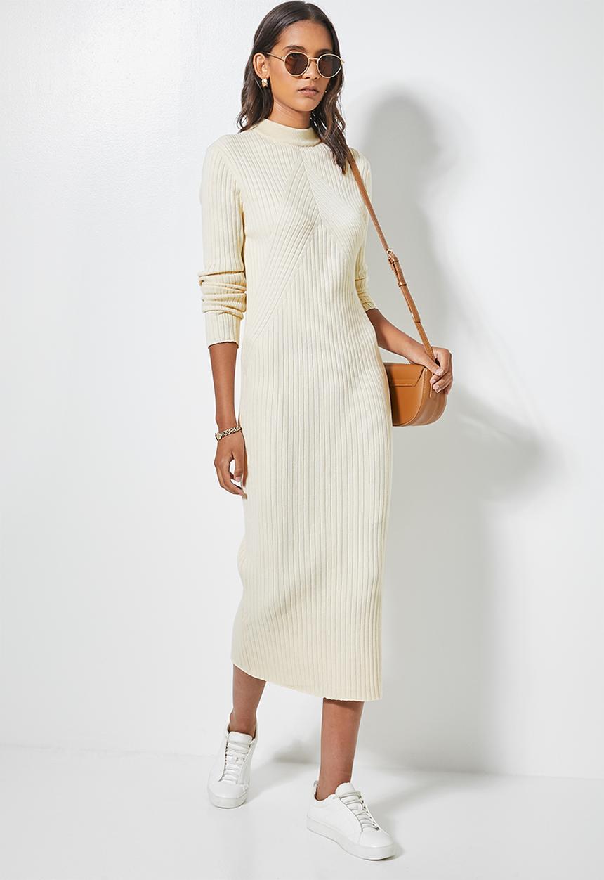 Superbalist - Organic cotton ribbed knitwear poloneck dress - cream