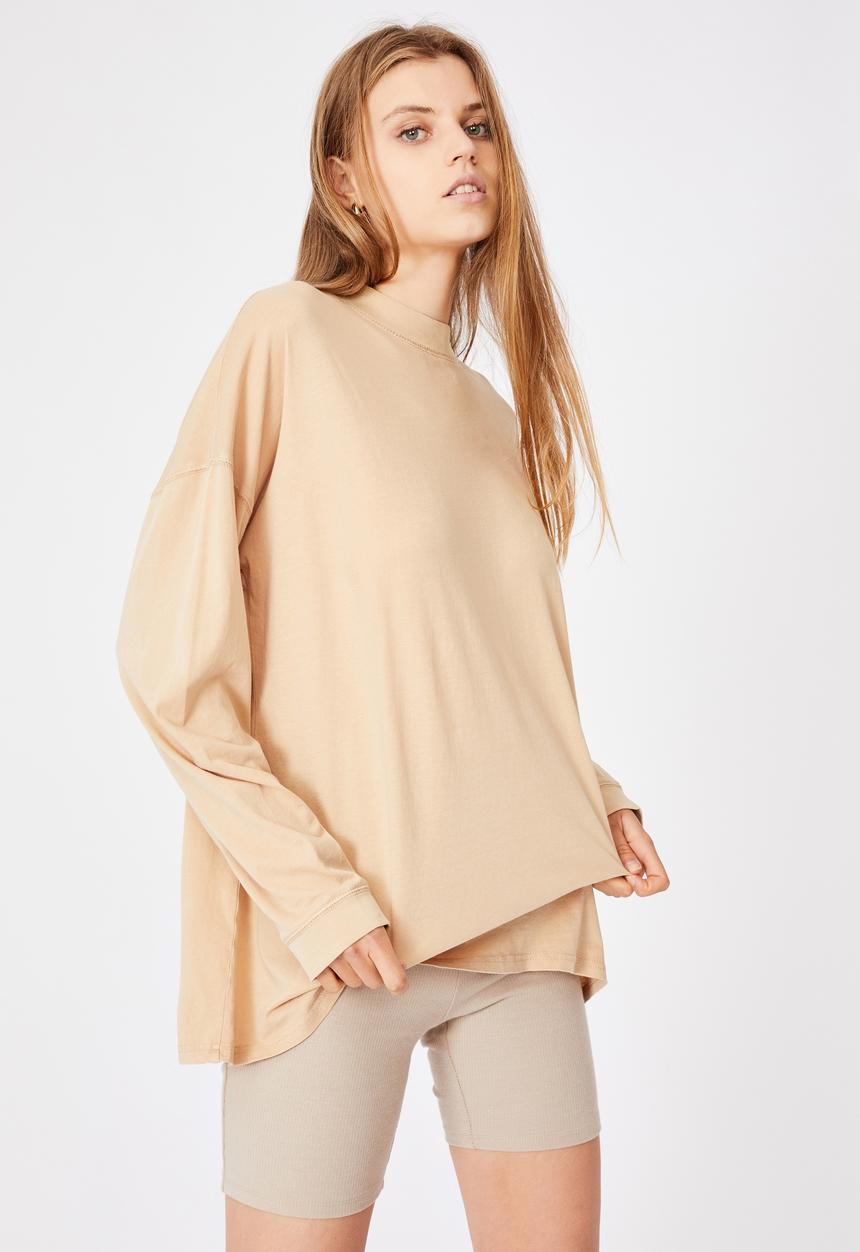 Cotton On - 90s Longline drop shoulder long sleeve top - sand