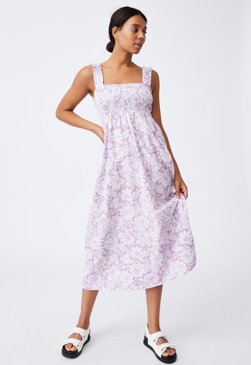 Cotton On - Woven thea strappy open back midi dress - elena tropical soft mauve