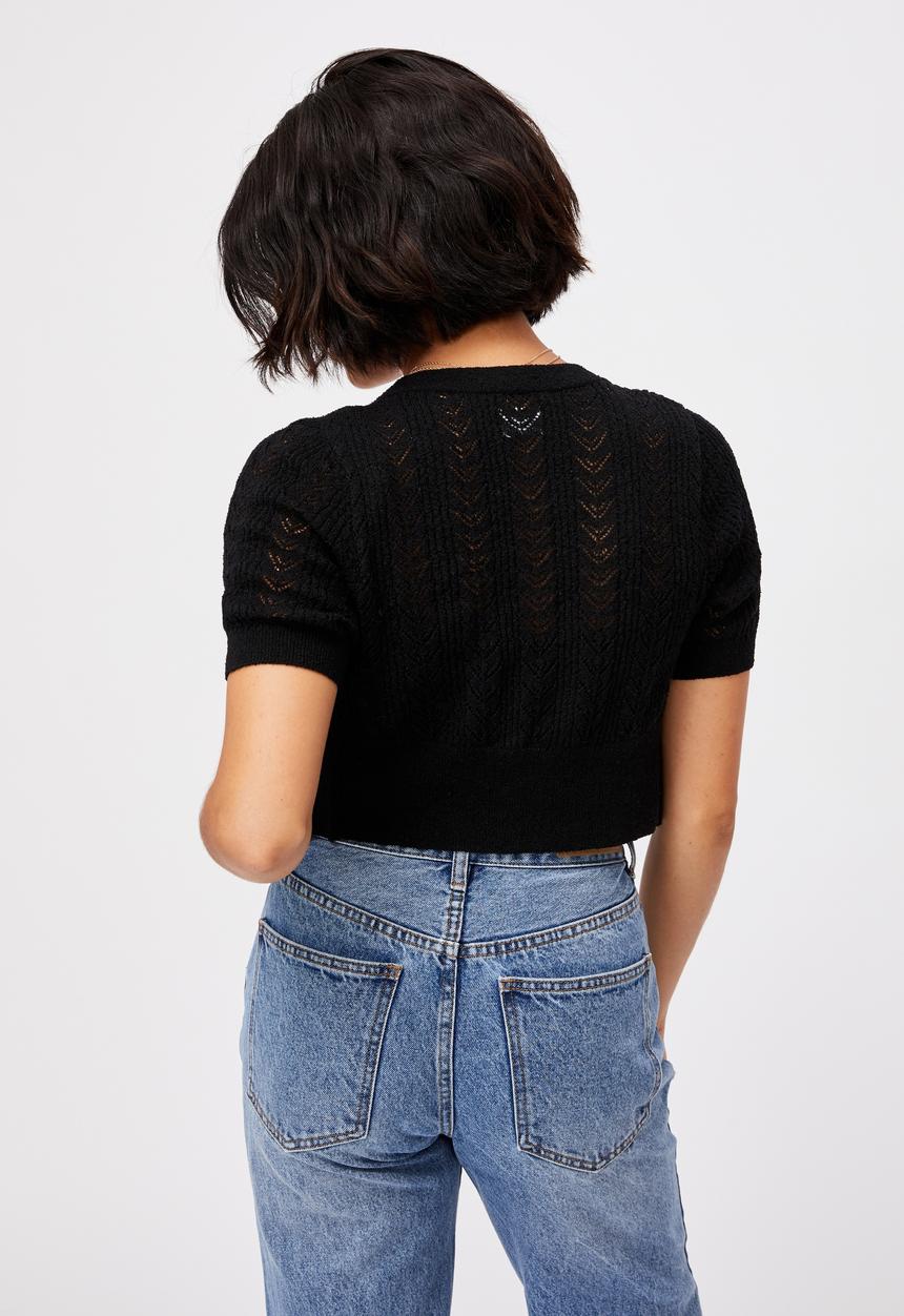 Cotton On - Partners in pointelle crop cardi - black