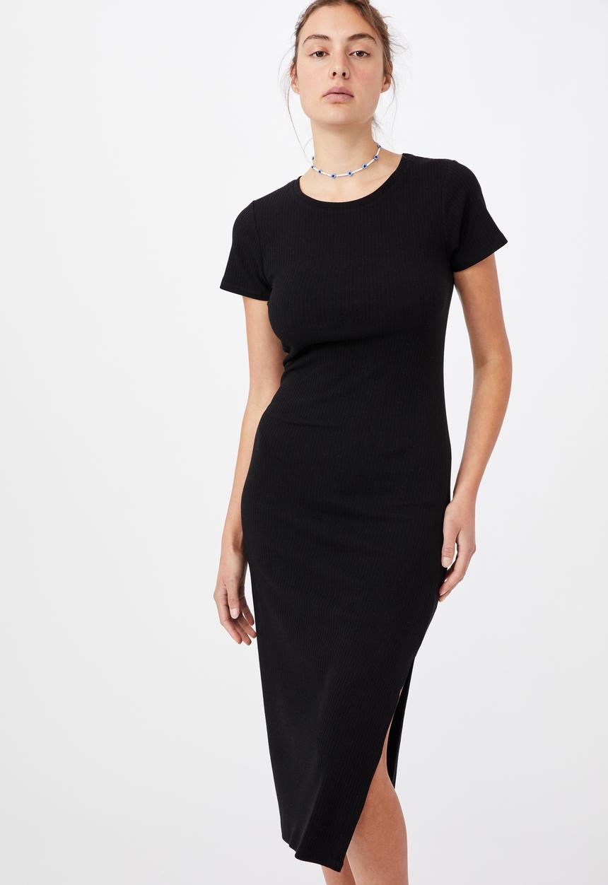 Cotton On - Essential split short sleeve midi dress - black