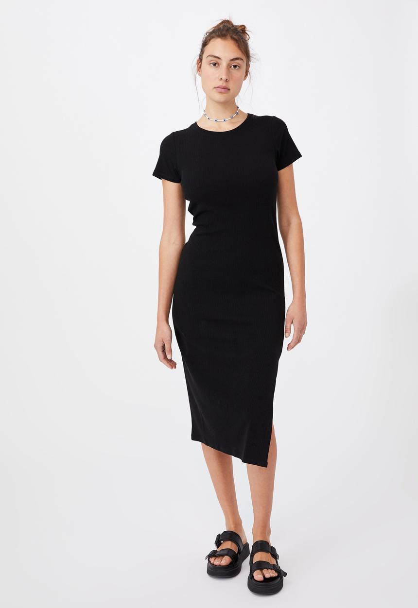 Cotton On - Essential split short sleeve midi dress - black