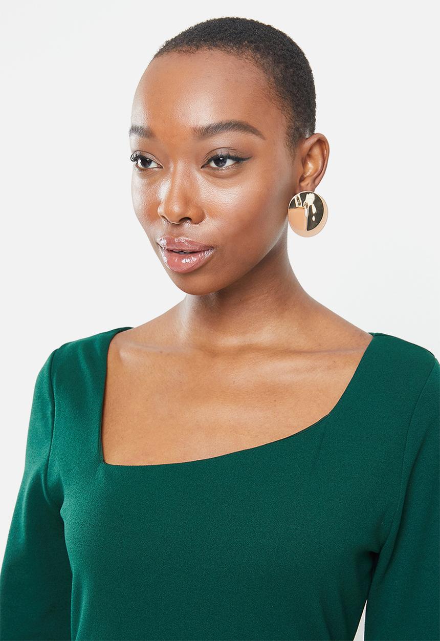 Asymmetric neckline midi bodycon dress-emerald