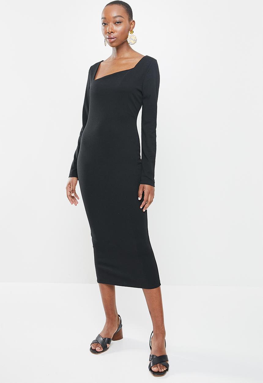 MILLA - Asymmetric neckline midi bodycon dress - black