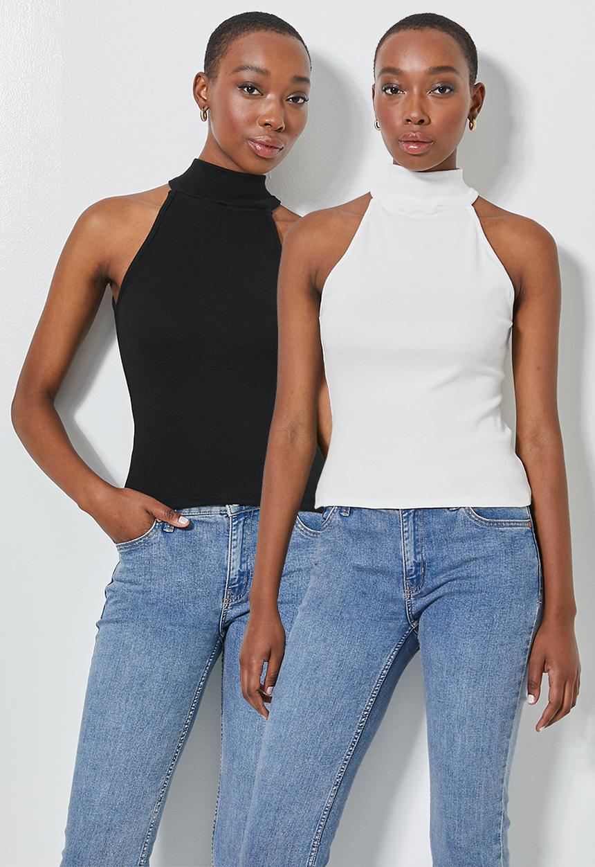 Superbalist - 2Pack lycra rib poloneck cutaway top - black & white