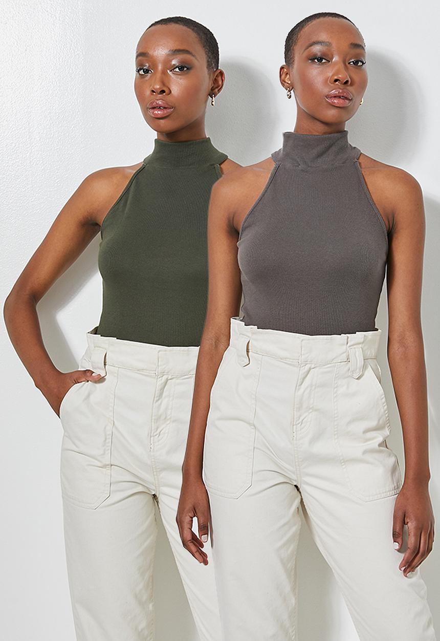 Superbalist - 2Pack lycra rib poloneck cutaway top - grey & khaki