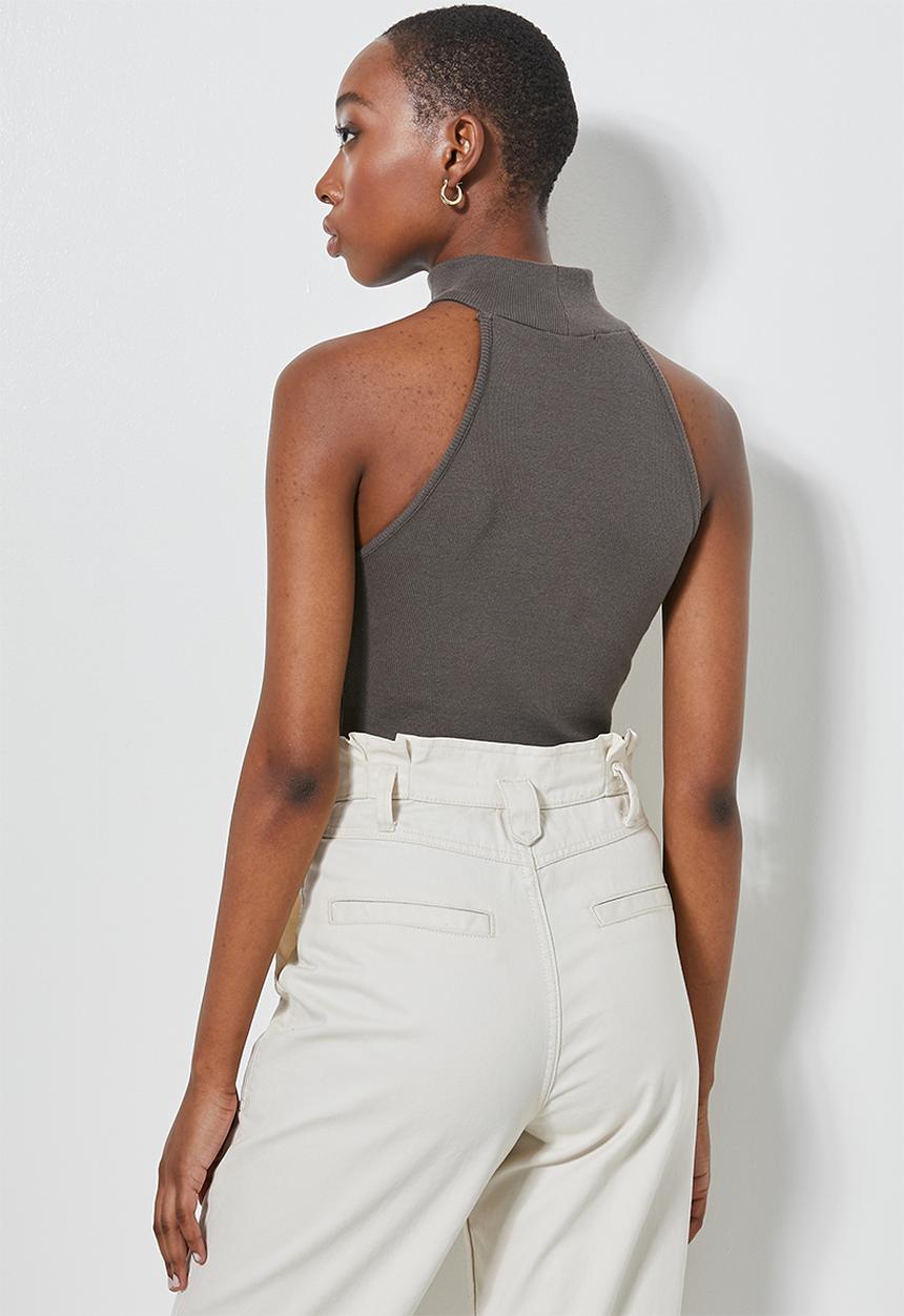 Superbalist - 2Pack lycra rib poloneck cutaway top - grey & khaki