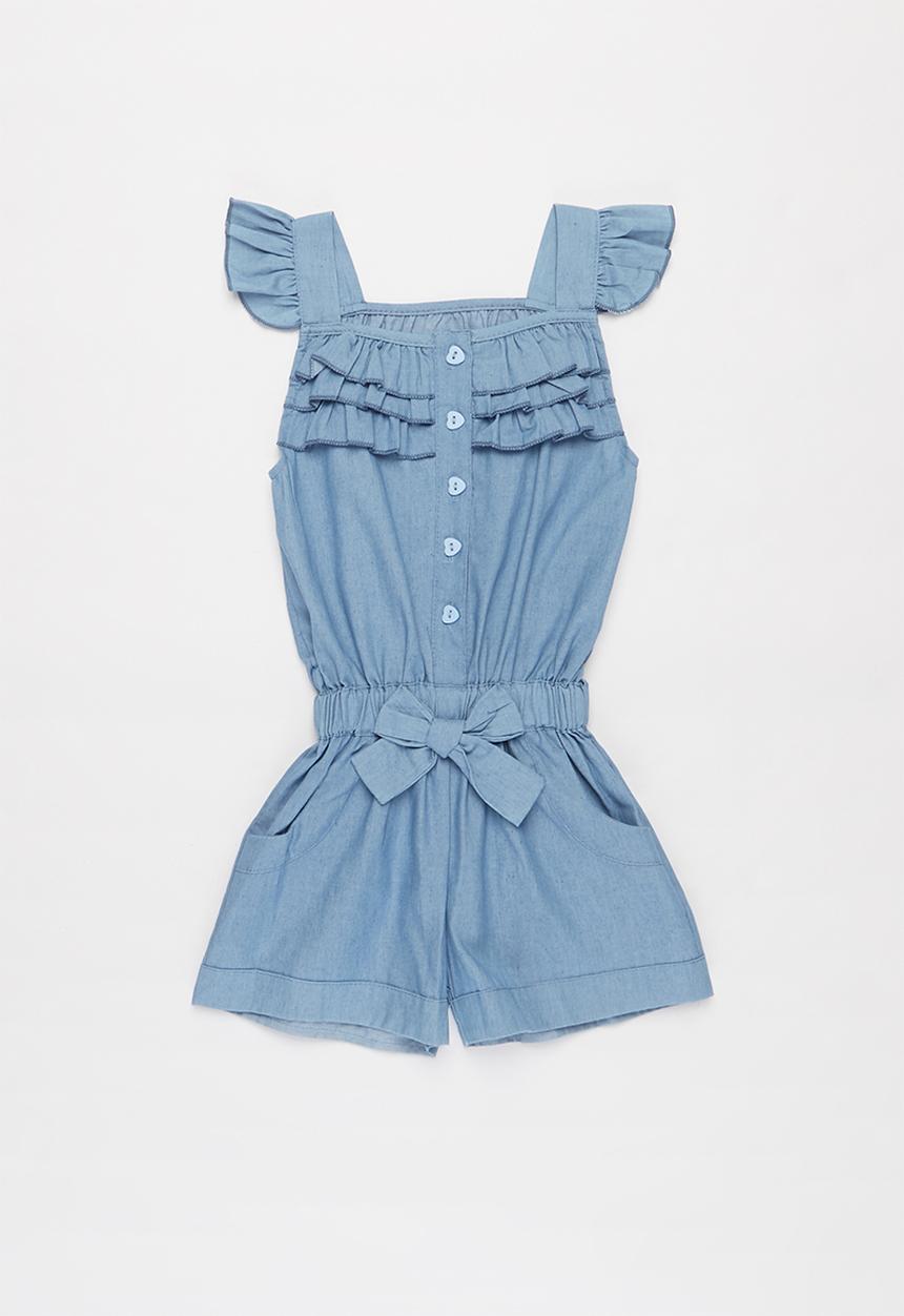 Pop Candy - Girls denim ruffle playsuit - blue