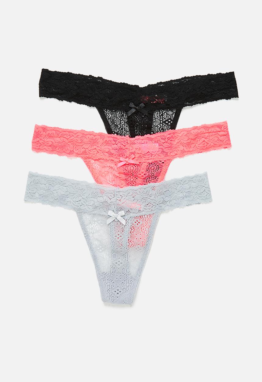 KANGOL - 3 Pack lace thong - black/ash/coral