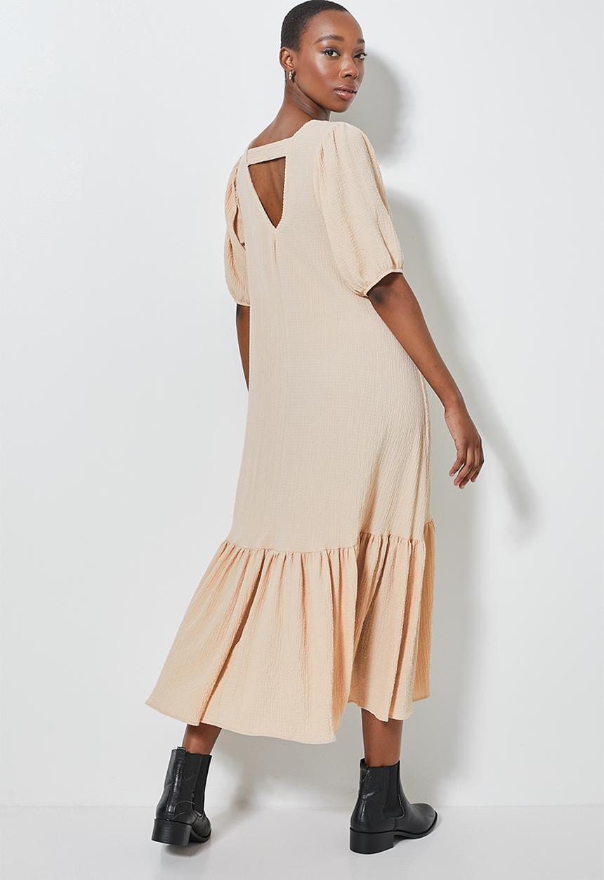Superbalist - V-back textured fabric tiered dress - stone