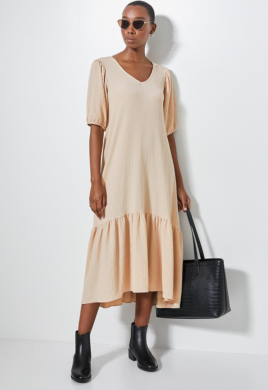 Superbalist - V-back textured fabric tiered dress - stone