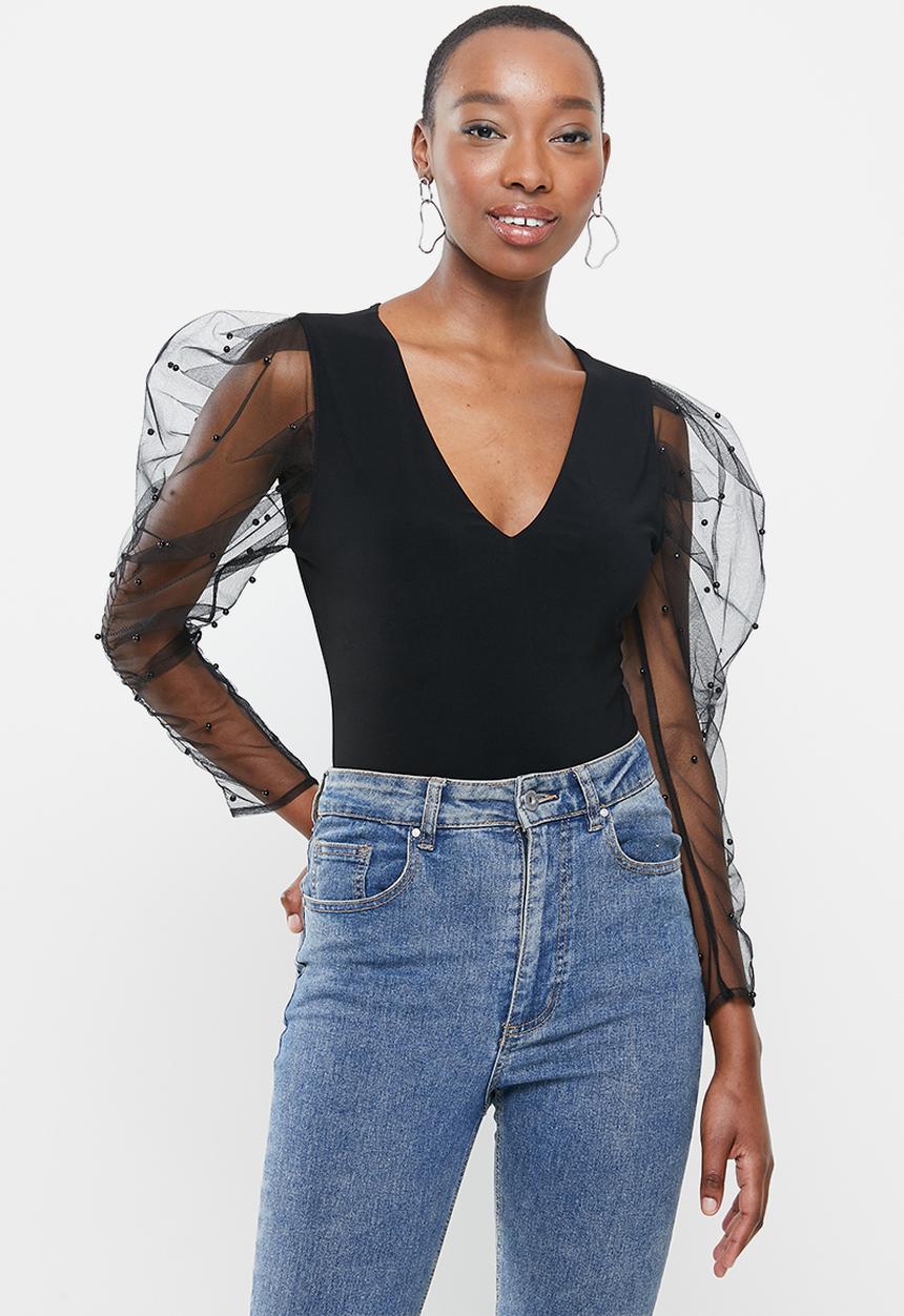 VELVET - Combo bodysuit with pearl embellished carrot sleeves - black