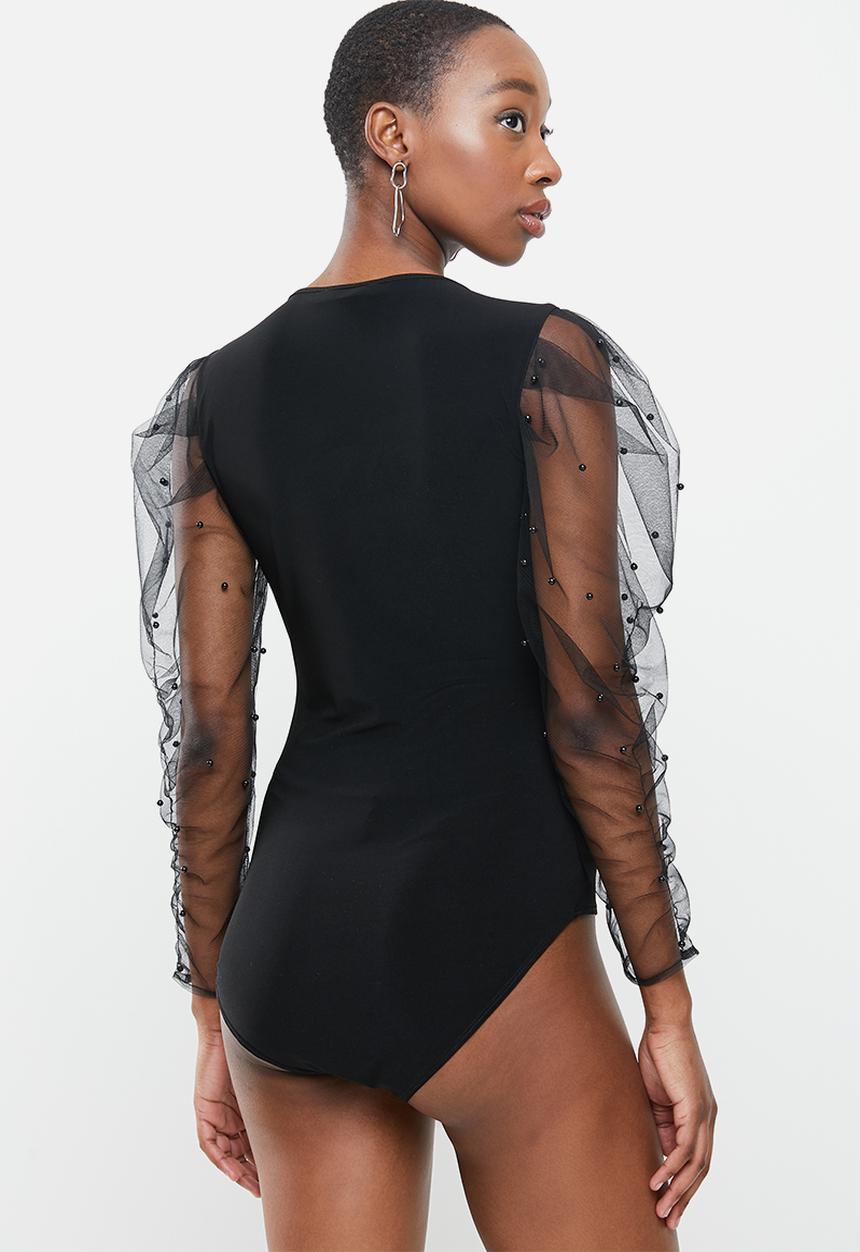 VELVET - Combo bodysuit with pearl embellished carrot sleeves - black