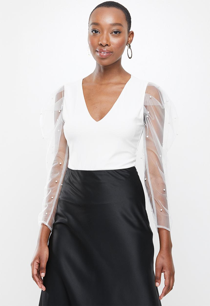 VELVET - Combo bodsyuit with pearl embellished carrot sleeves - white
