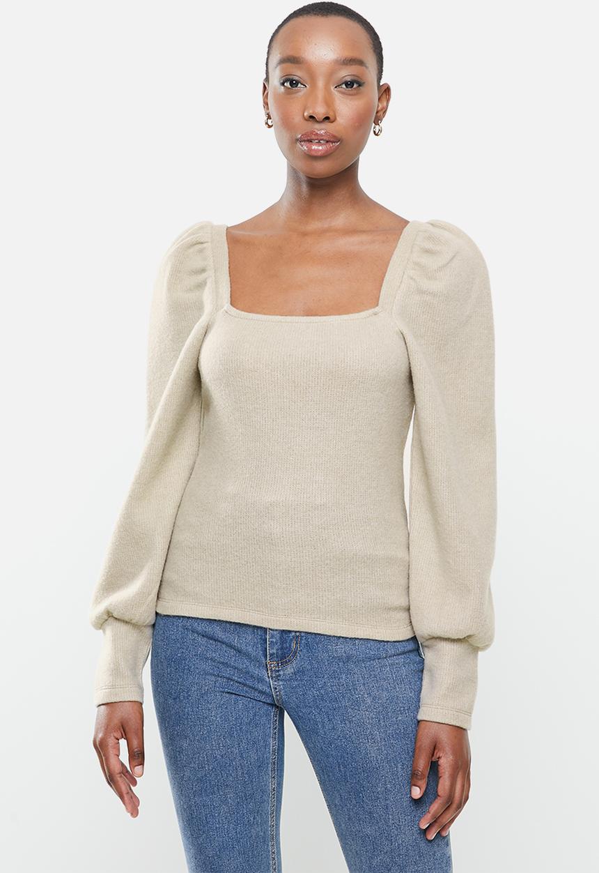 VELVET - Square neck soft touch puff sleeve top - beige