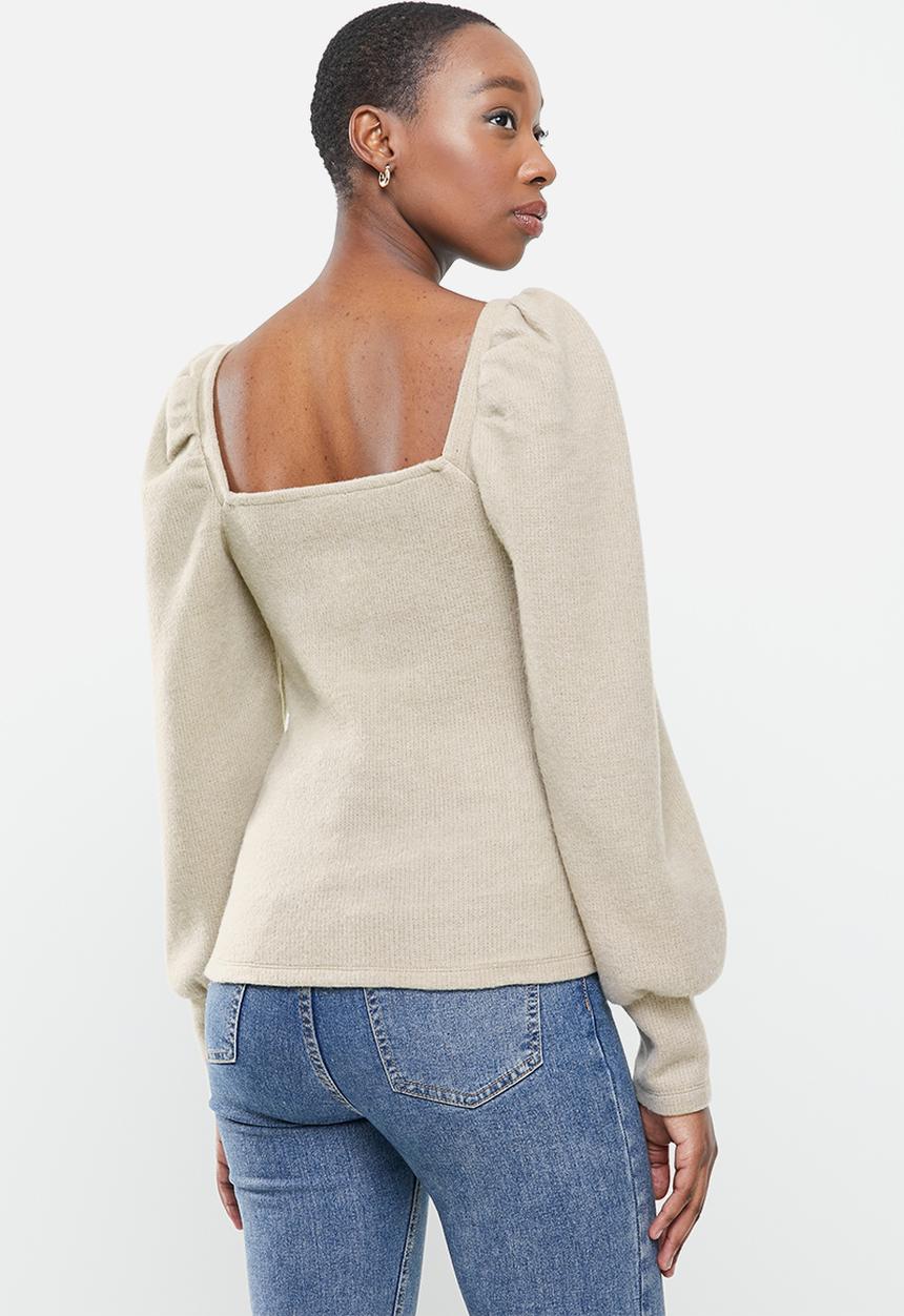 VELVET - Square neck soft touch puff sleeve top - beige