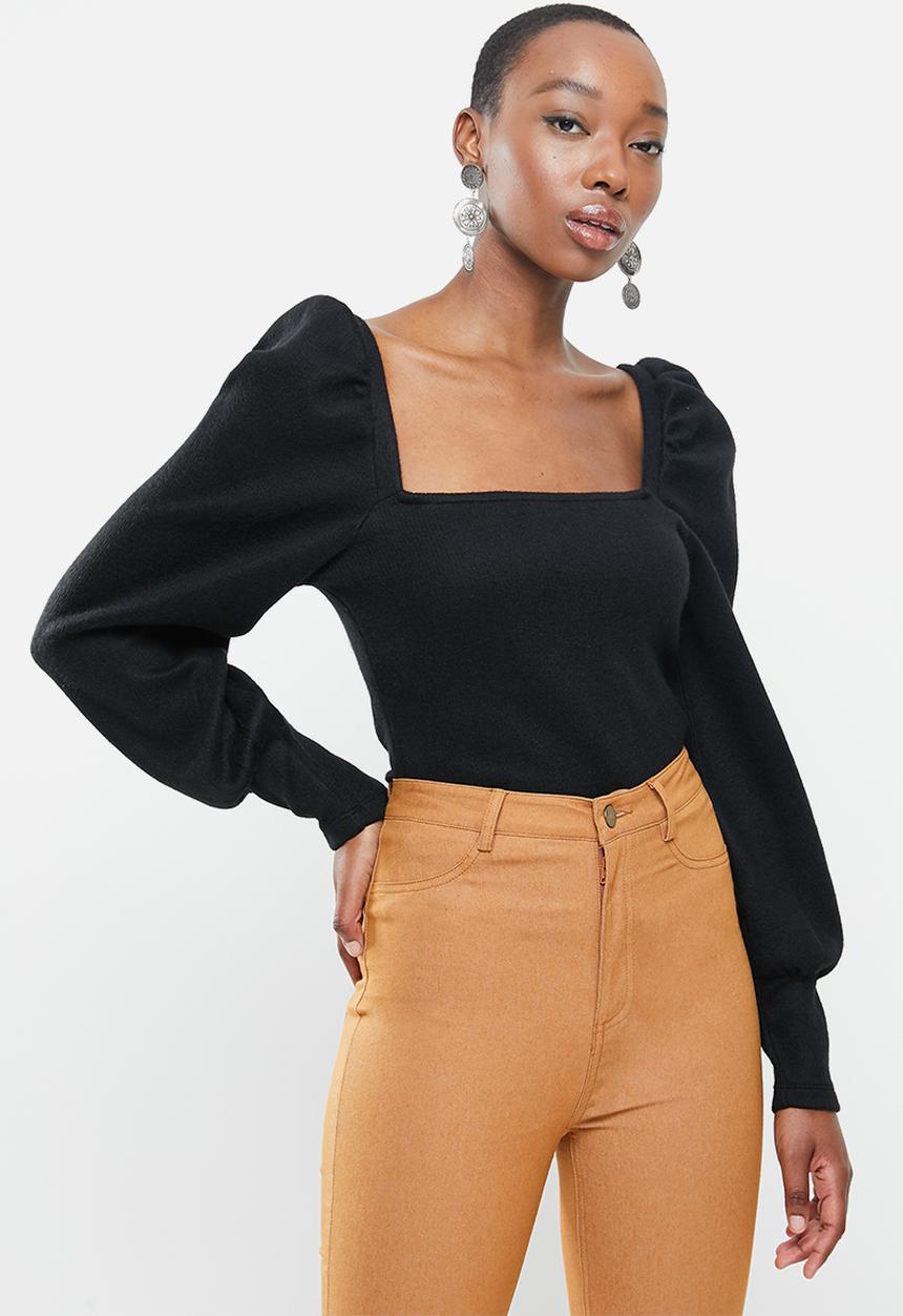 VELVET - Square neck soft touch puff sleeve top - black