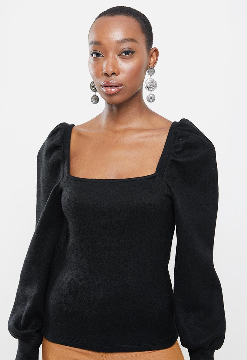 VELVET - Square neck soft touch puff sleeve top - black