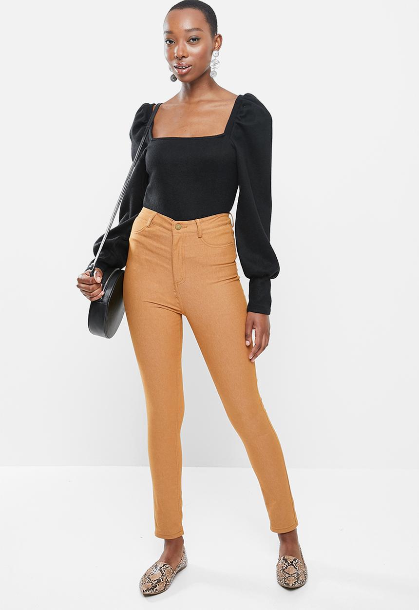 VELVET - Square neck soft touch puff sleeve top - black