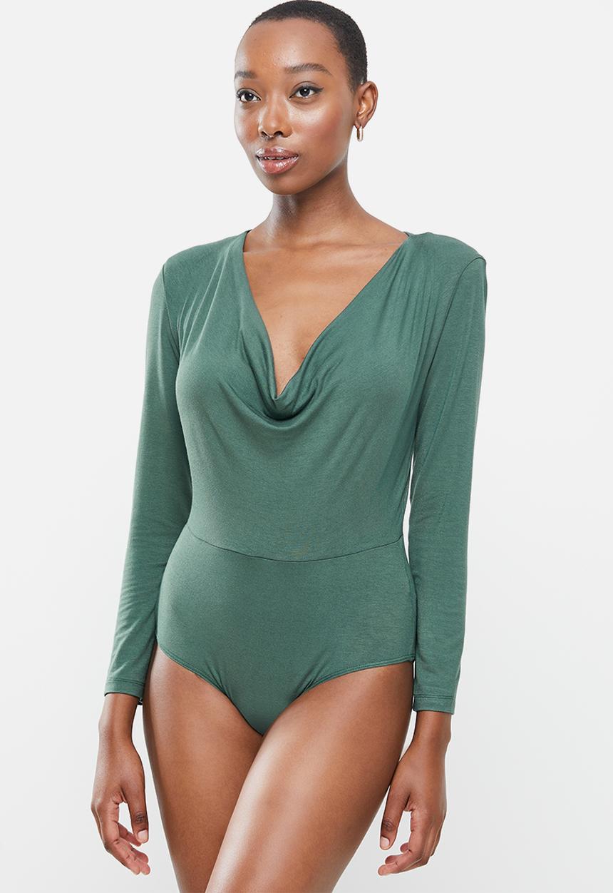 VELVET - Cowl neck bodysuit with shoulder pads - green 