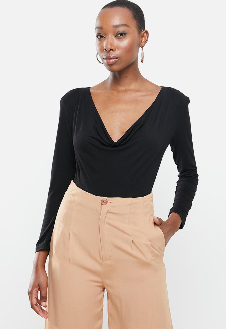 VELVET - Cowl neck bodysuit with shoulder pads - black