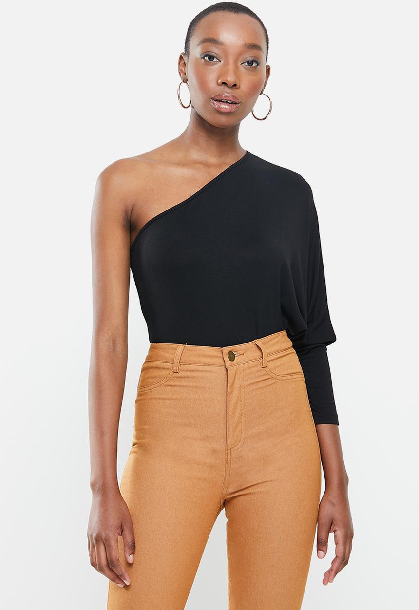 VELVET - Asymmetric dollman sleeve knit bodysuit - black 