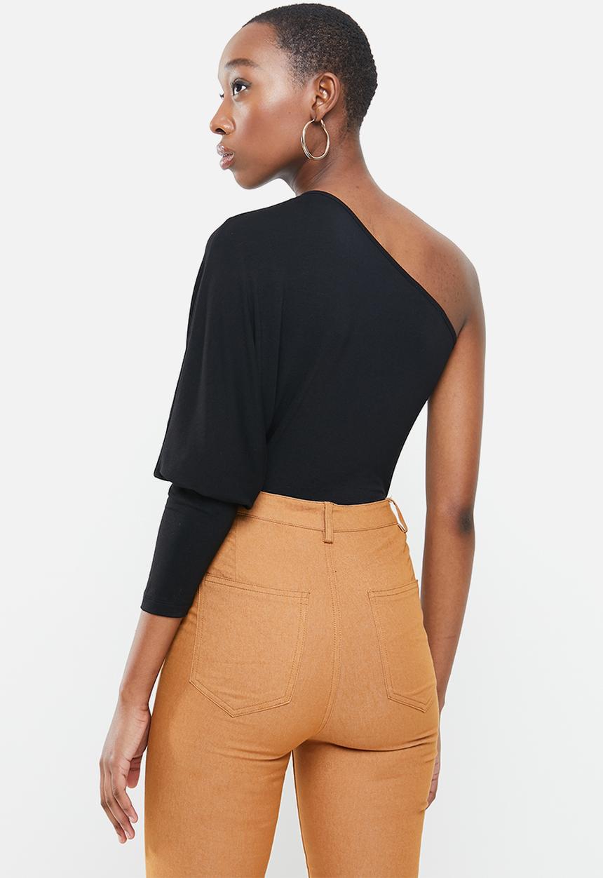 VELVET - Asymmetric dollman sleeve knit bodysuit - black 