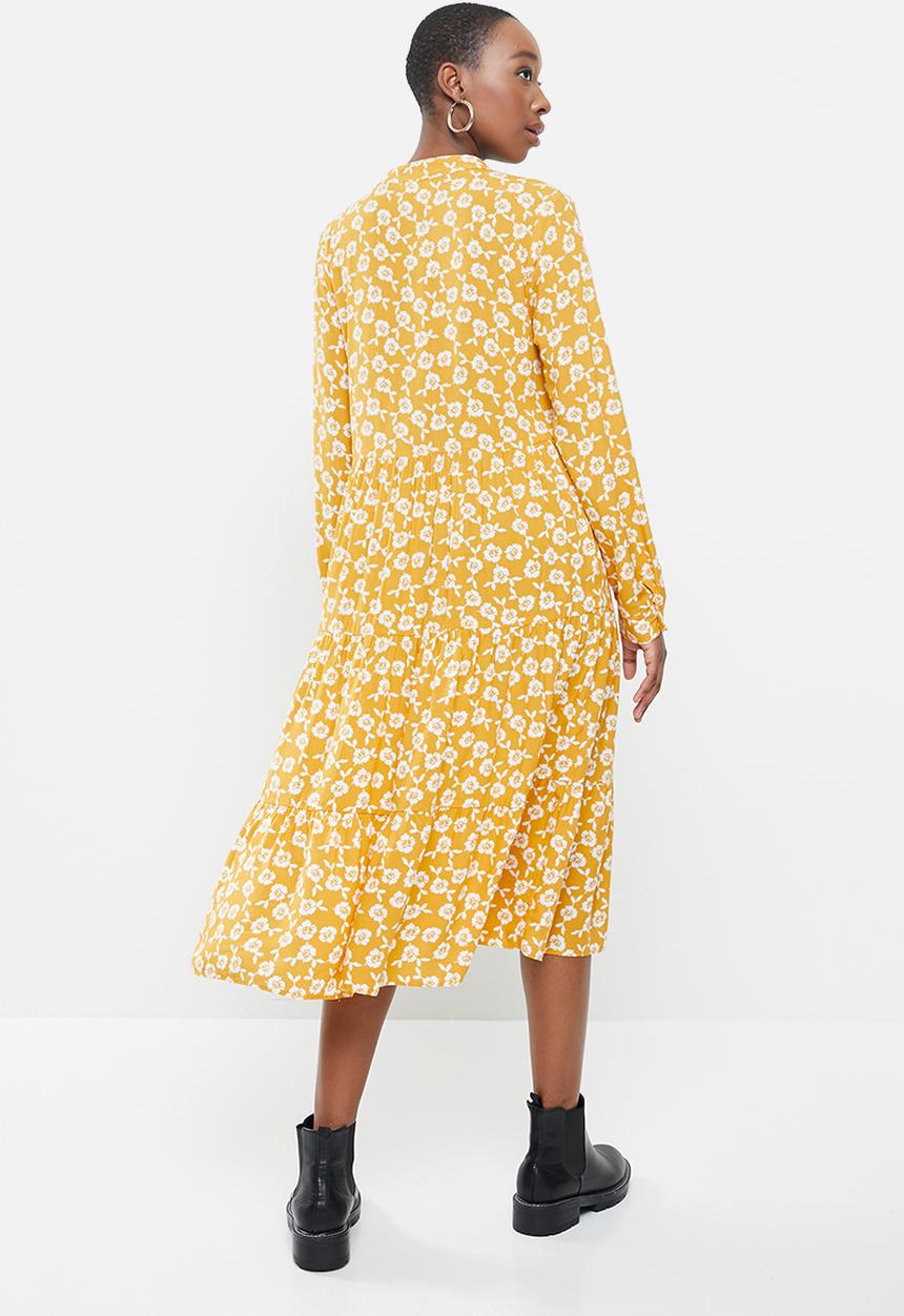 Blake - Printed collared tiered midi dress- yellow