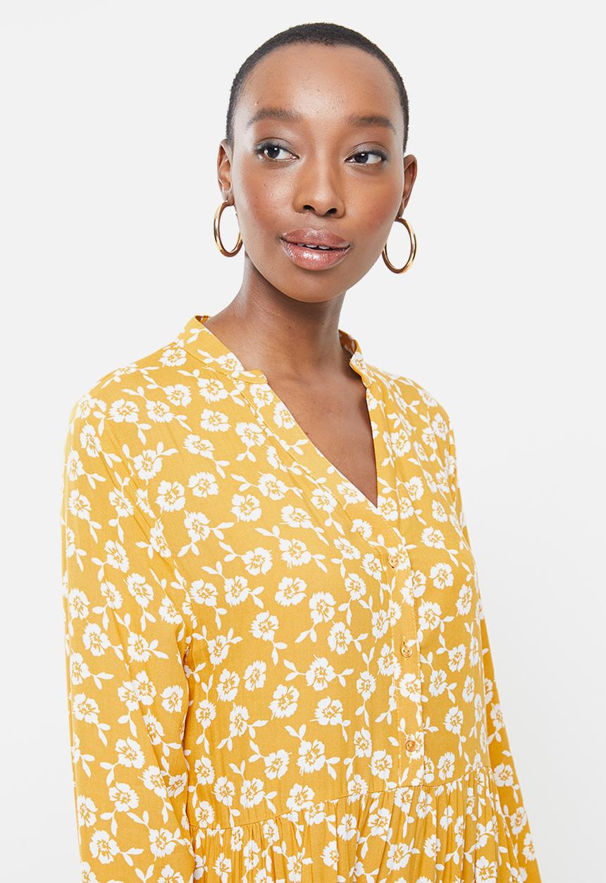 Blake - Printed collared tiered midi dress- yellow