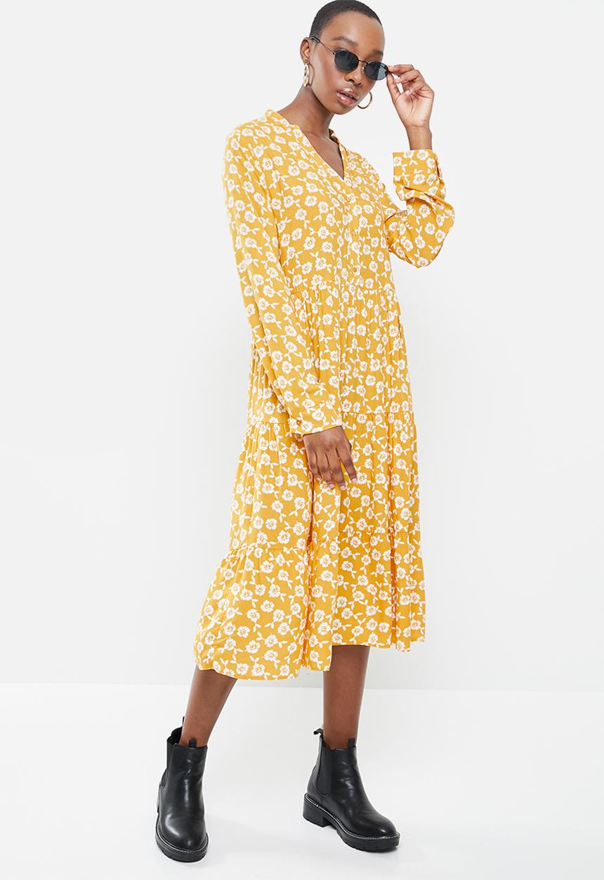 Blake - Printed collared tiered midi dress- yellow