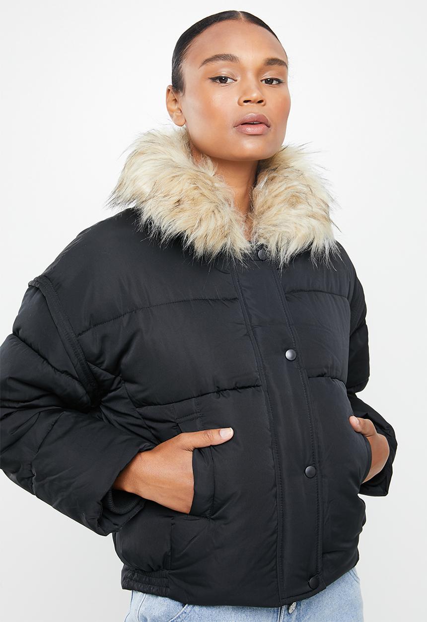 Missguided - Ultimate faux fur collar puffer jacket - black