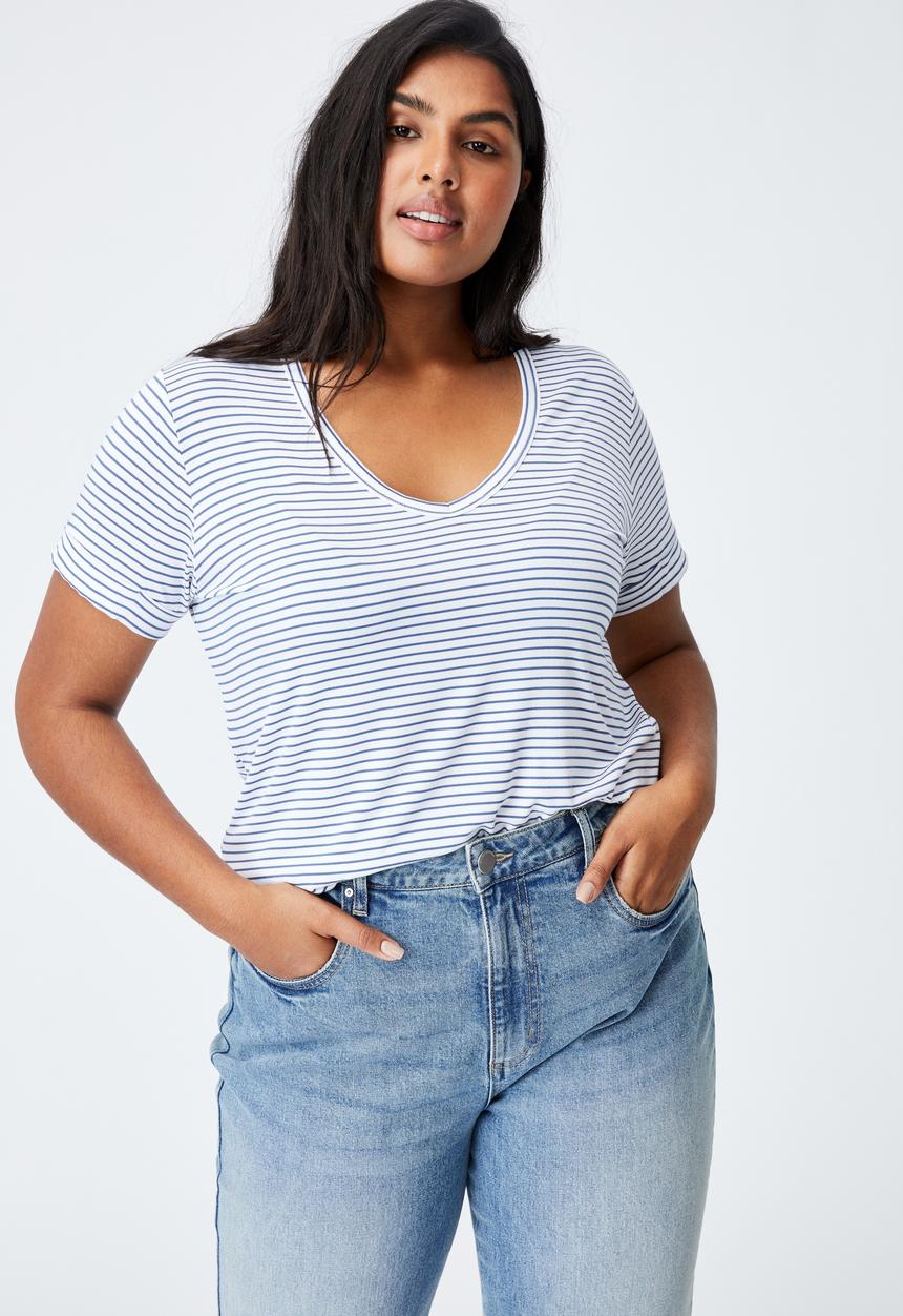 Cotton On - Curve karly short sleeve tee - josie stripe white_coastal blue