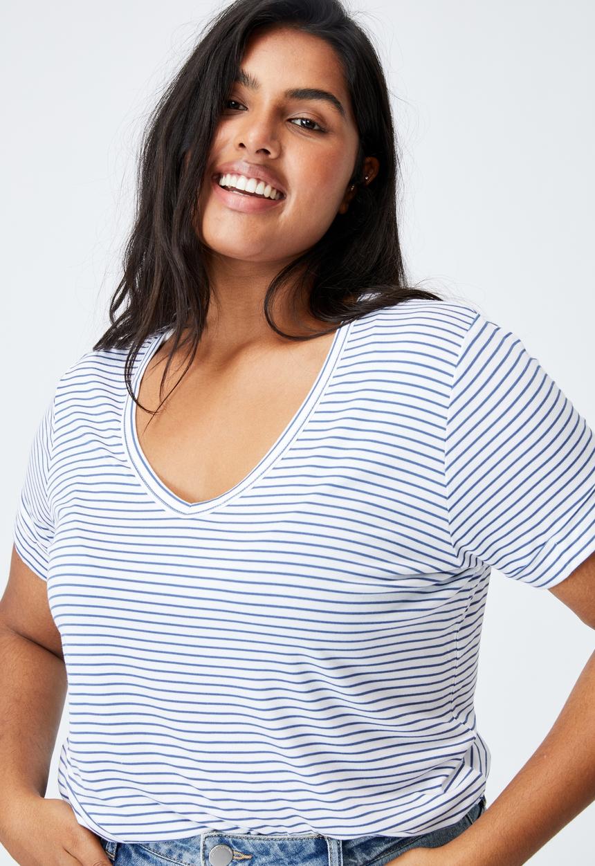 Cotton On - Curve karly short sleeve tee - josie stripe white_coastal blue