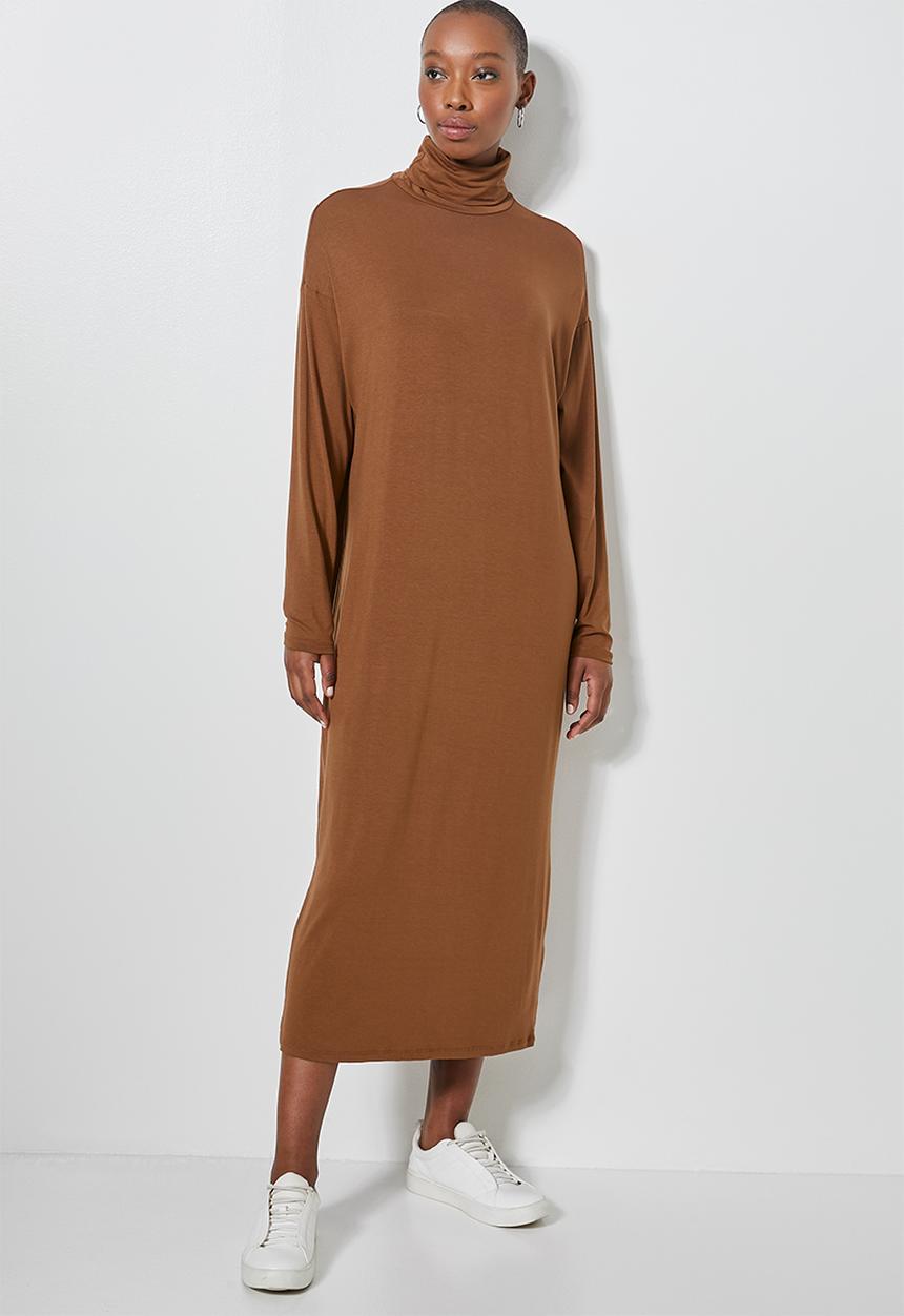 Superbalist - Poloneck dress with dropped shoulder - tobacco