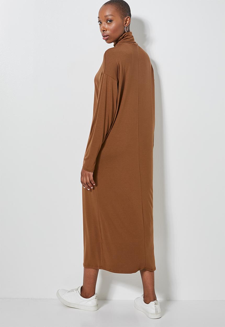 Superbalist - Poloneck dress with dropped shoulder - tobacco