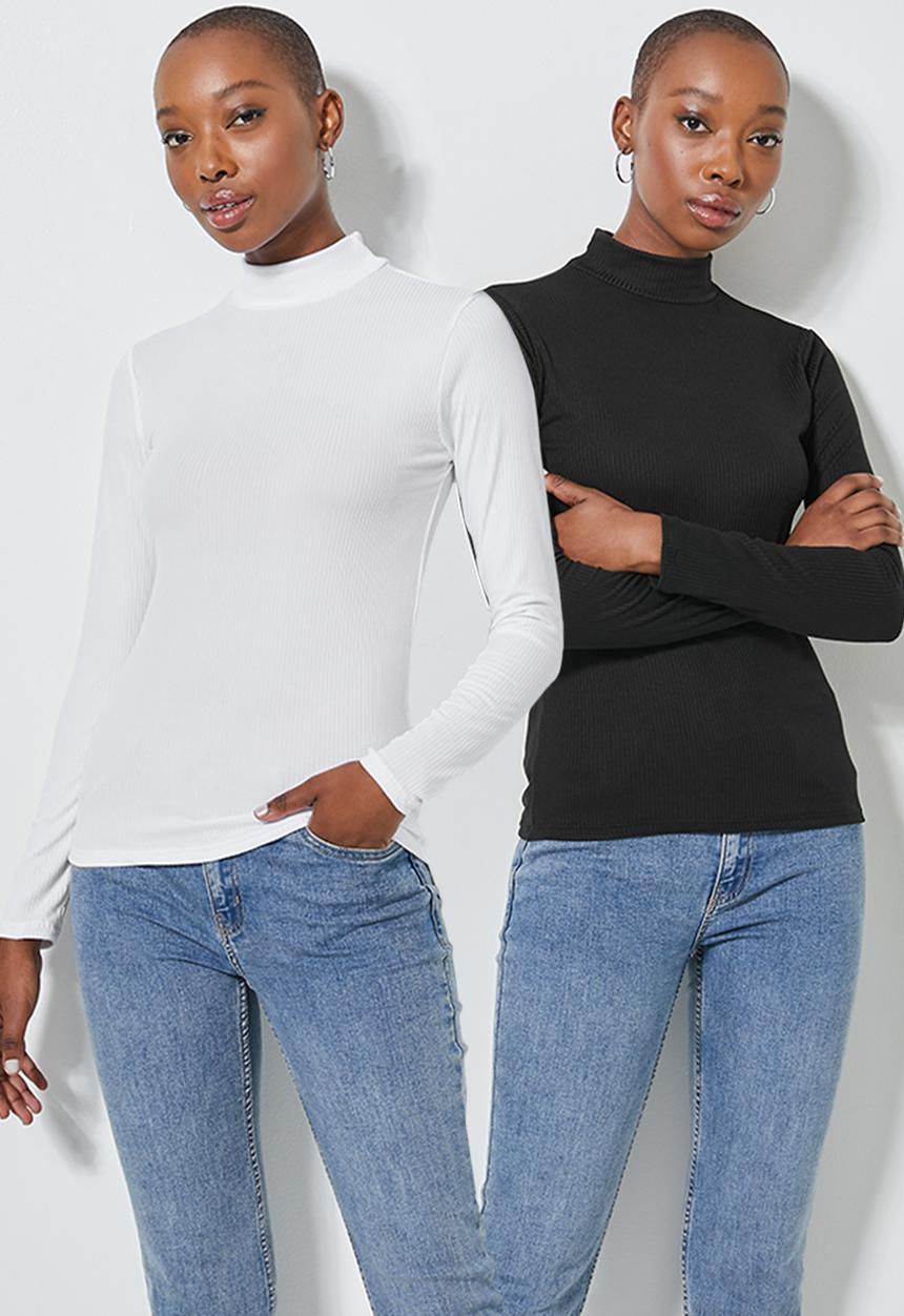 Superbalist - 2 pack wide rib funnel neck tops - black & white