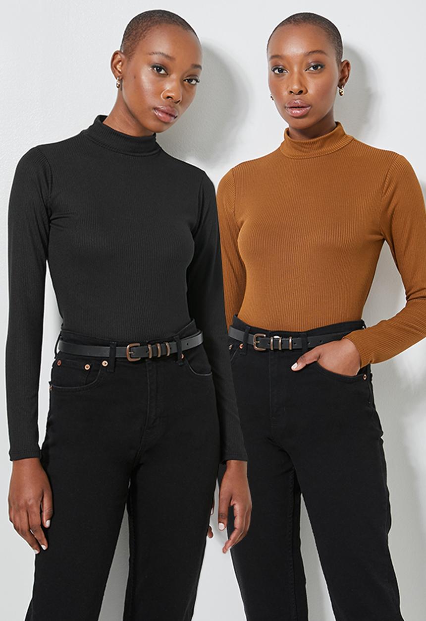 Superbalist - 2 pack wide rib funnel neck tops - brown & black