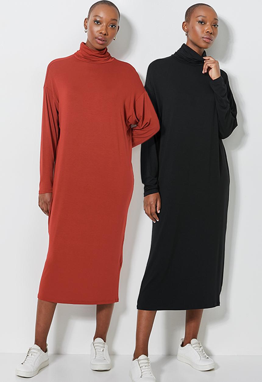 Superbalist - 2 pack poloneck dress with dropped shoulder - black & rust
