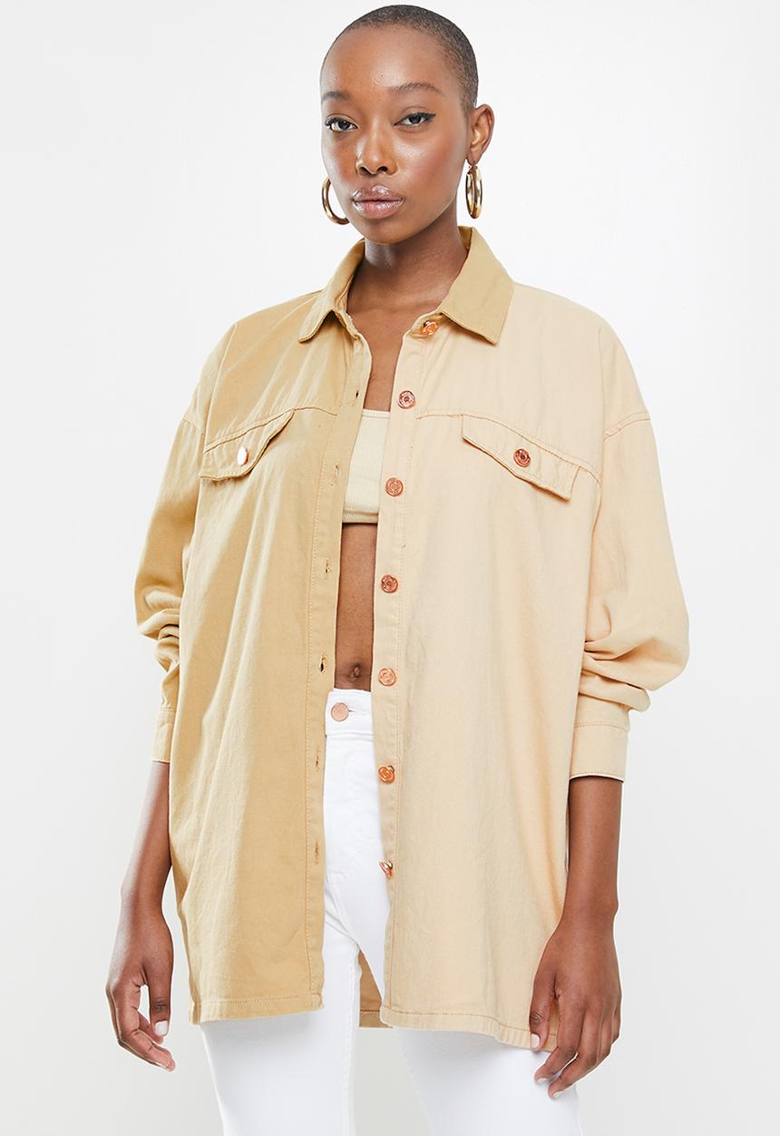 Missguided - Spliced oversized tie denim shirt co ord - tan