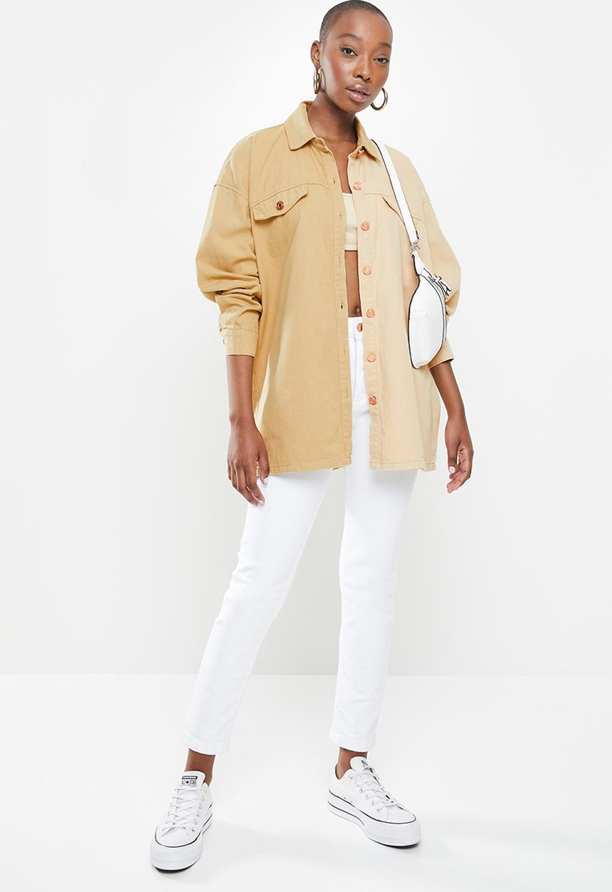 Missguided - Spliced oversized tie denim shirt co ord - tan
