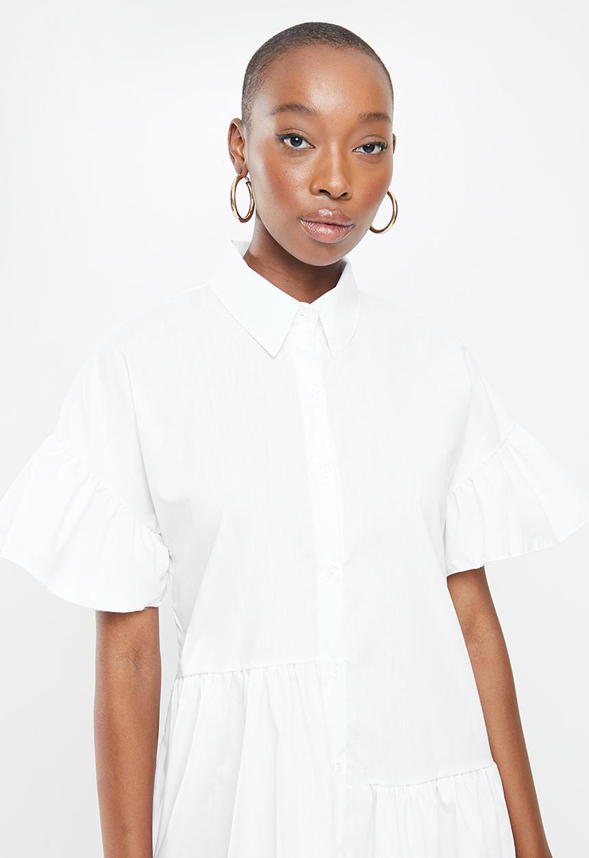 Missguided - Asym tiered shirt smock dress - white