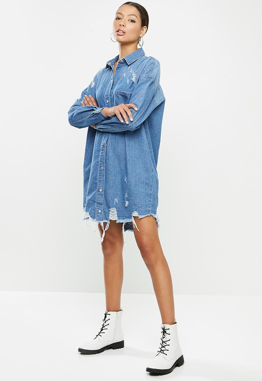 Missguided - Super hem distress denim shirt dress - blue