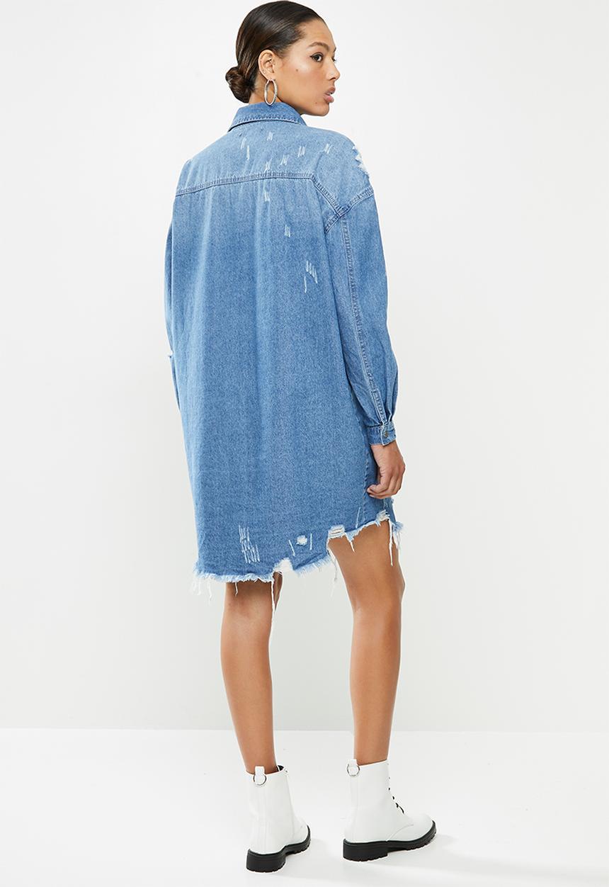 Missguided - Super hem distress denim shirt dress - blue