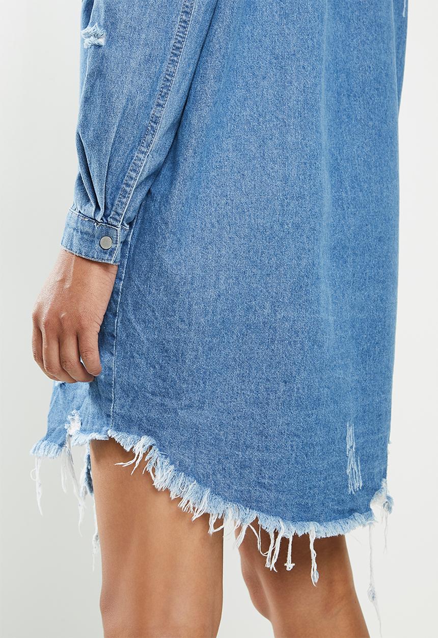 Missguided - Super hem distress denim shirt dress - blue