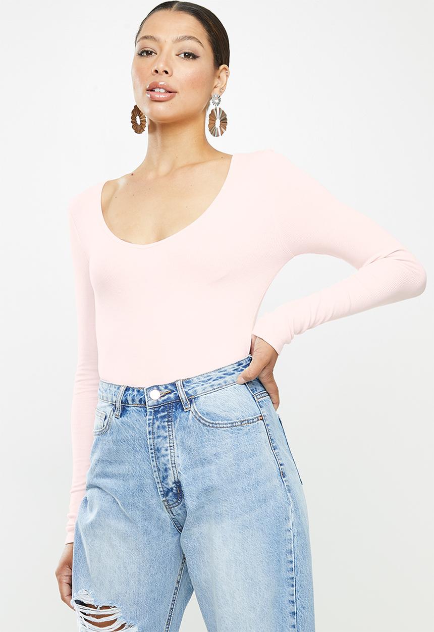Missguided - V-neck ribbed long sleeve bodysuit - pink