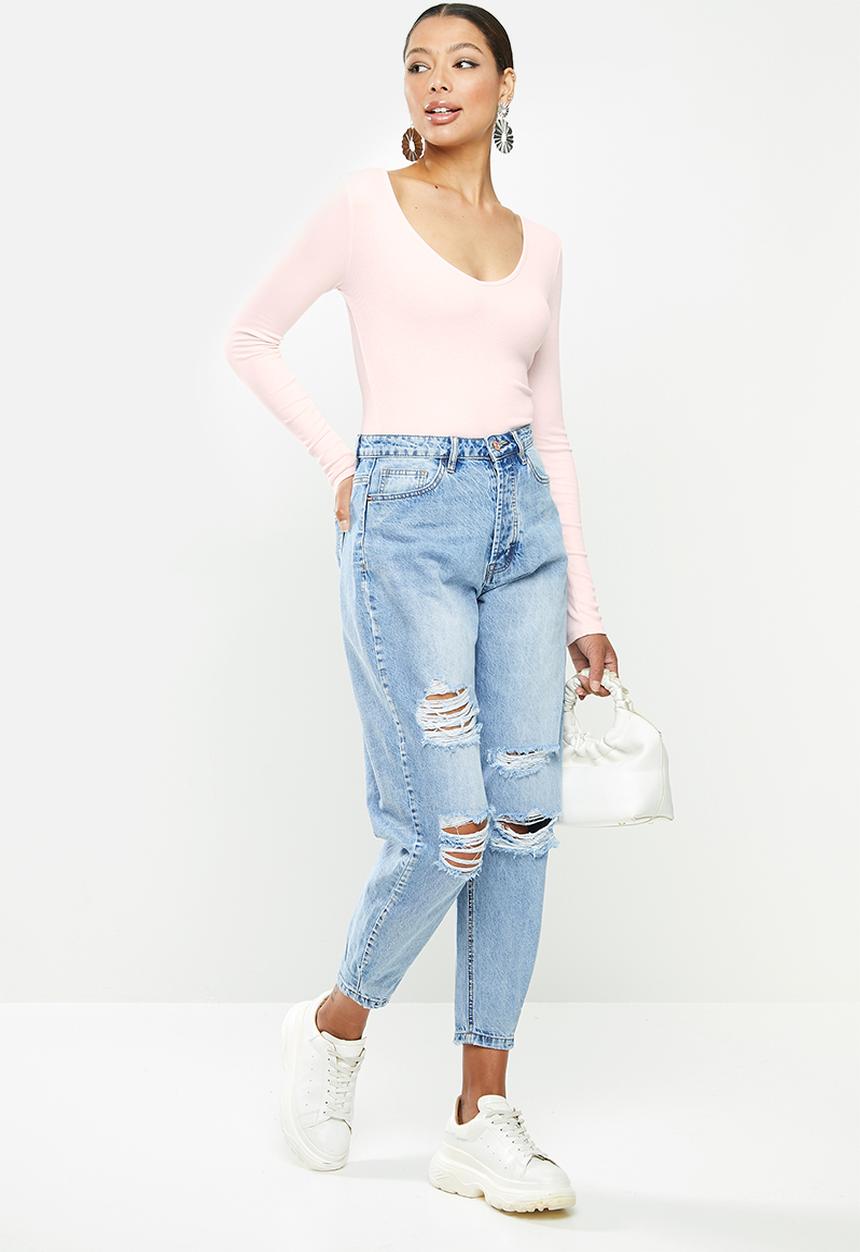 Missguided - V-neck ribbed long sleeve bodysuit - pink